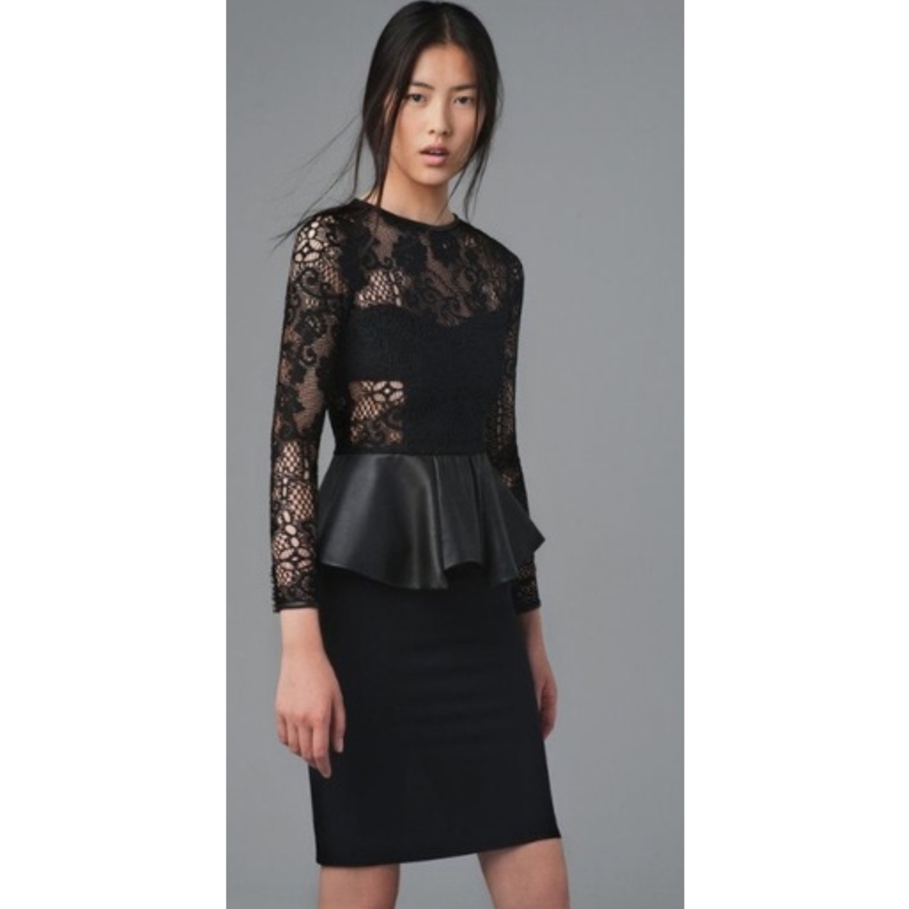 ZARA WOMAN STUDIO Black Leather Lace Peplum Pencil Dress Women's Size XS